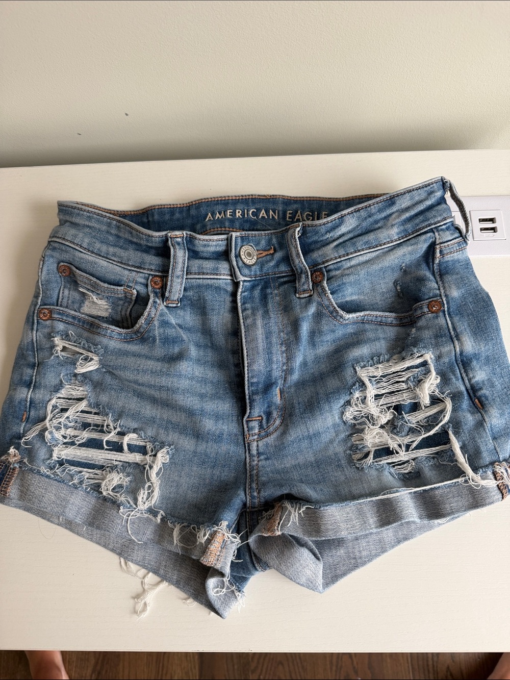 American Eagle Outfitters Light Blue Distressed Denim Shorts